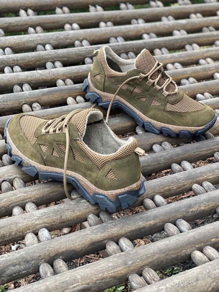 Leather sneakers with hemp fabric and khaki mesh