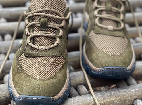 Leather sneakers with hemp fabric and khaki mesh